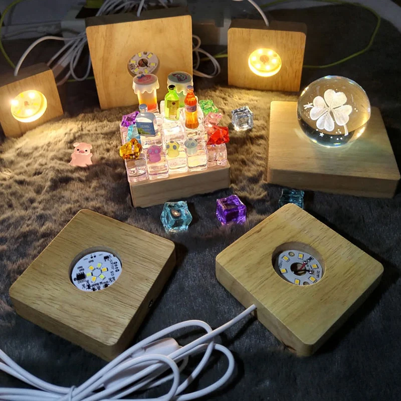 Square LED Luminous Solid Wood Base DIY Crystal Ball Night Lamp Base Rubber Wood USB Plug-In With Switch Ornament 1PCS 6/8/10CM