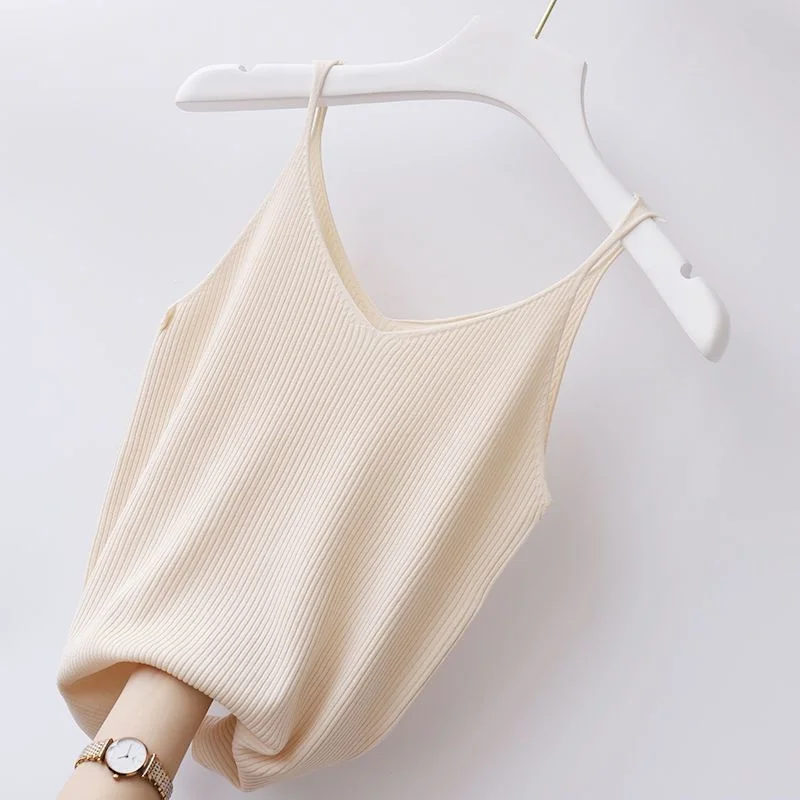 Large Suspender Vest Women Inner Bottom V-neck Ice Silk Sexy Short Thread Knitting Versatile Elegant Top