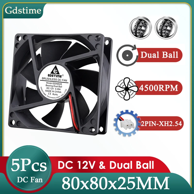 

5Pcs Gdstime DC 12V Dual Ball Radiator 80MM*80MM*25MM Server Cooling Fan 8025 Case Fan 8CM 4500RPM Computer GPU CPU Cooler