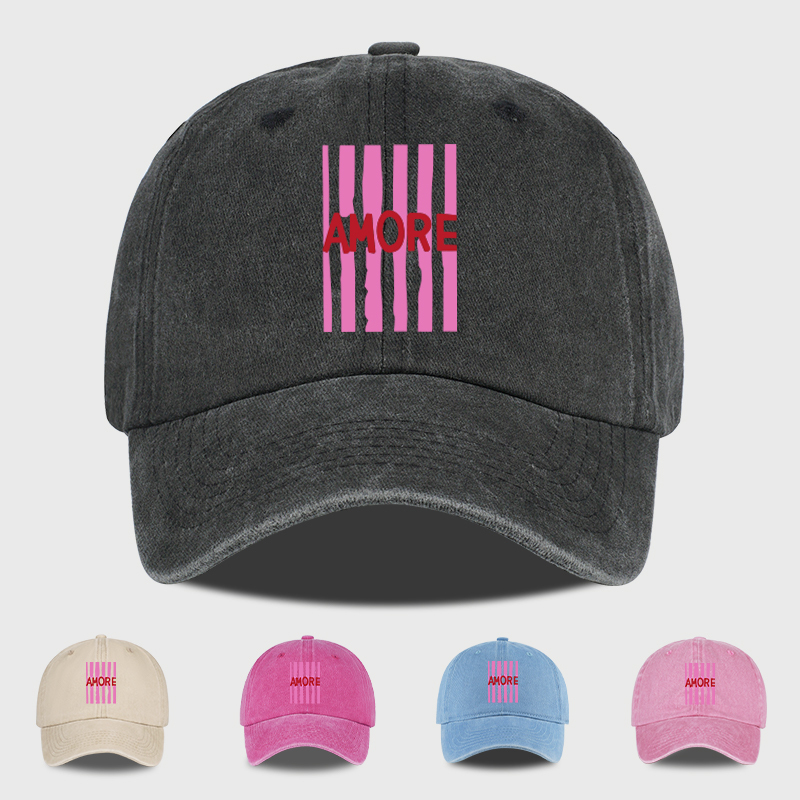 Stylish Retro Pink Striped “AMORE” Washed Baseball Cap: Breathable, Adjustable, Dad-Style Cap—Perfect for Shopping and Camping