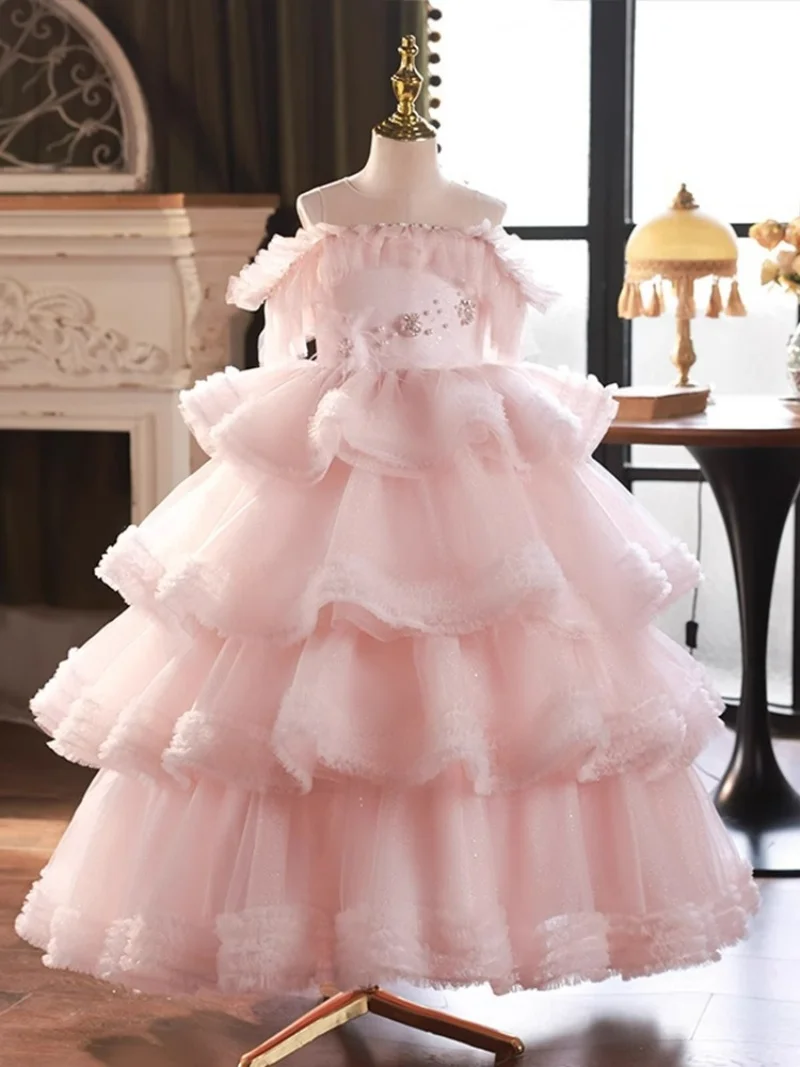 

Elegant Pink Flower Girl Dresses Feathers Appliques Little Girls Birthday Gowns Tiered Ruffles Children Kids Photography Gowns