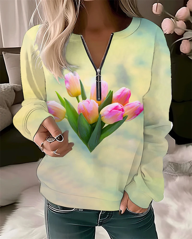

3D Tulip Sky Star Elemental Printing Women's Zipper Round Neck Sweater Autumn New Women's Top Plus Size Fashion Sweatshirt