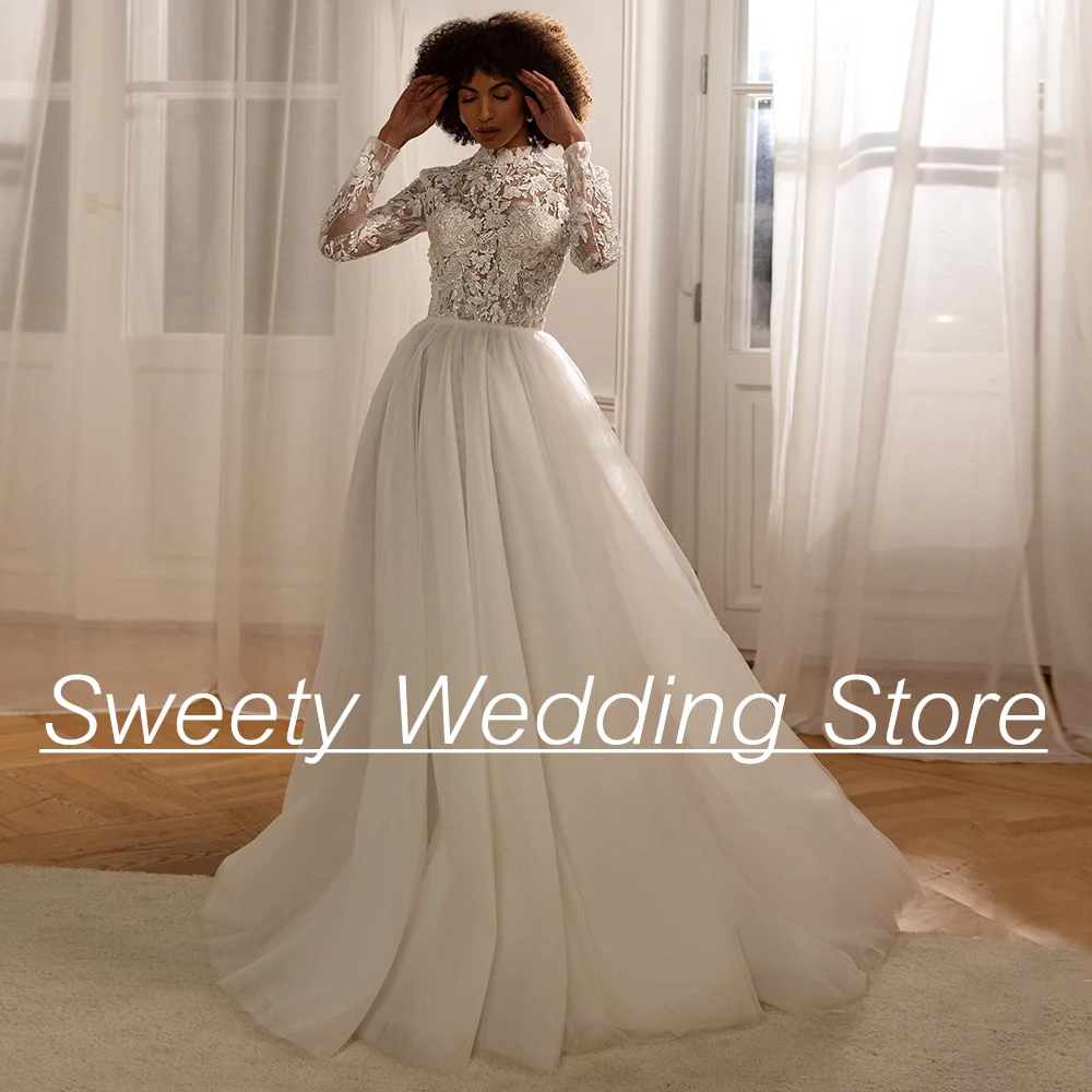 

Женское свадебное платье с длинным рукавом, сверкающее Тюлевое платье невесты с высоким воротом и аппликацией из бисера, 2024