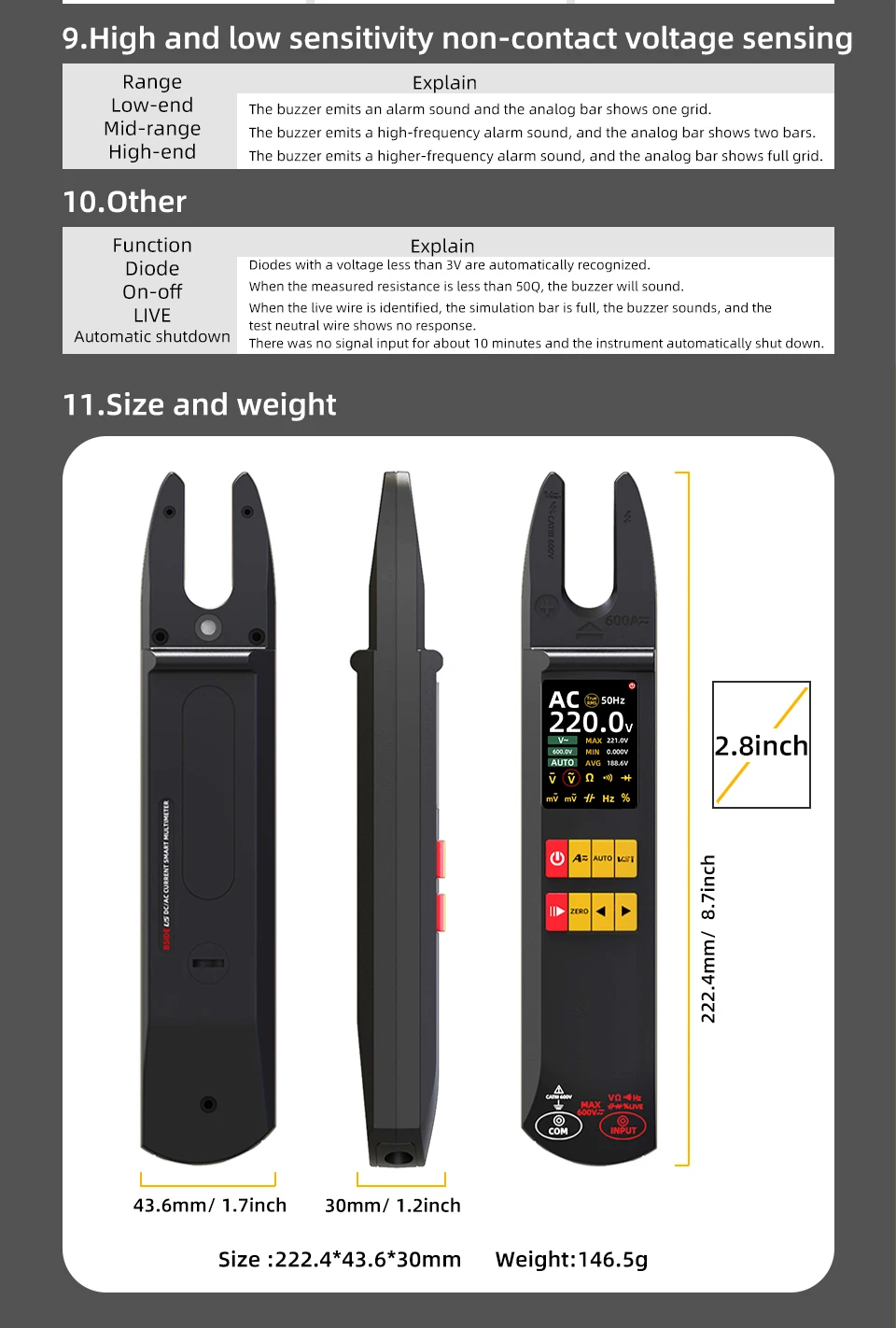 U5 Clamp Meter Open-Jaw DC AC 600A Smart TRMS Digital Multimeter Amp Capa Diode