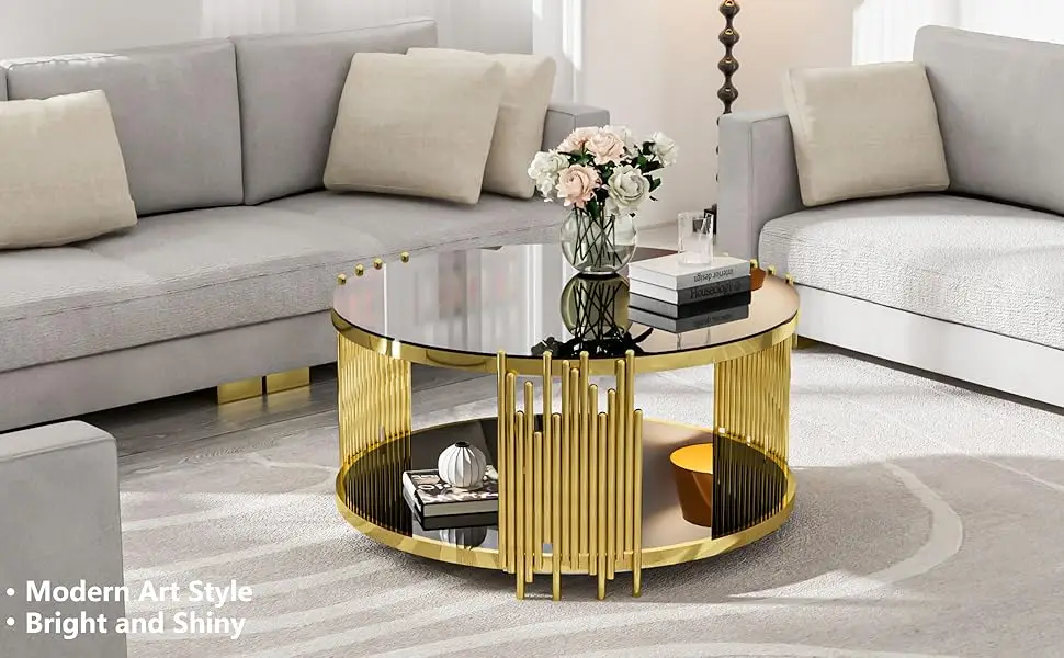 Description Picture 3 of itemCoffee Table Round Modern Living Room Table, Gold Stainless Steel Metal Leg Clear Tempered Glass, Sofa Center Table, Gold