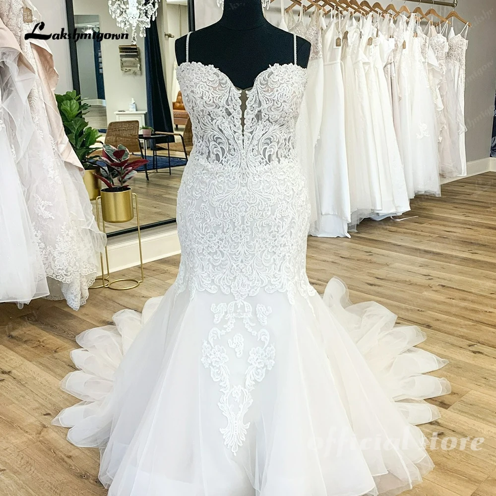 

Lakshmigown Plus Size Luxury Women Mermaid Wedding Dress 2024 Floral Lace Crystal Organza Bridal Gown Chapel Train Bride Dress