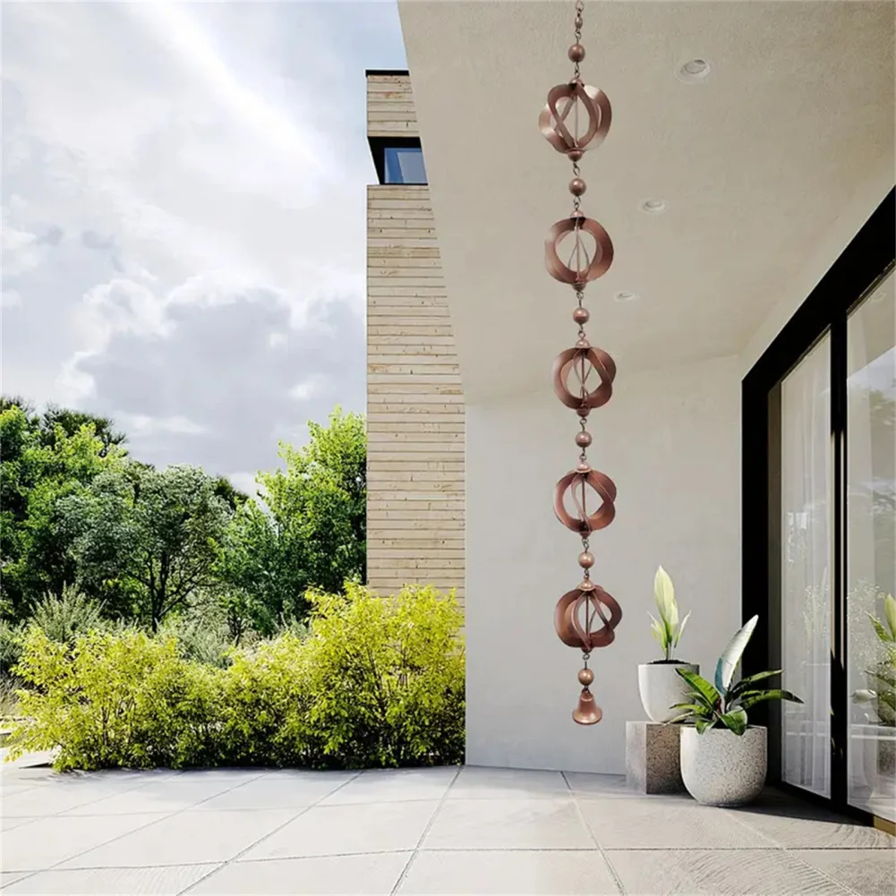 Outdoor Hanging Rain Chains For Gutters Downspouts Rotating Rain Catcher Chain With Bell Retro Wind Chimes Metal Garden Decor