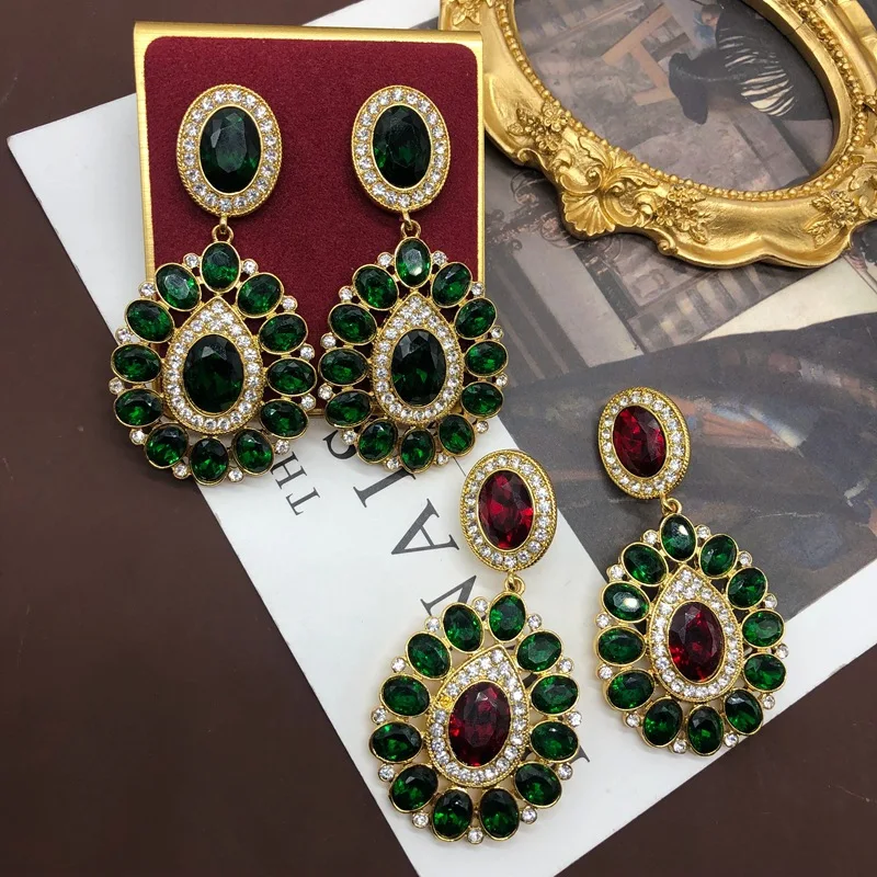 

Vintage Palace Jewelry Set for Women Glass Gold-plated Byzantine Long Earrings Trendy Colored Gemstones High-end