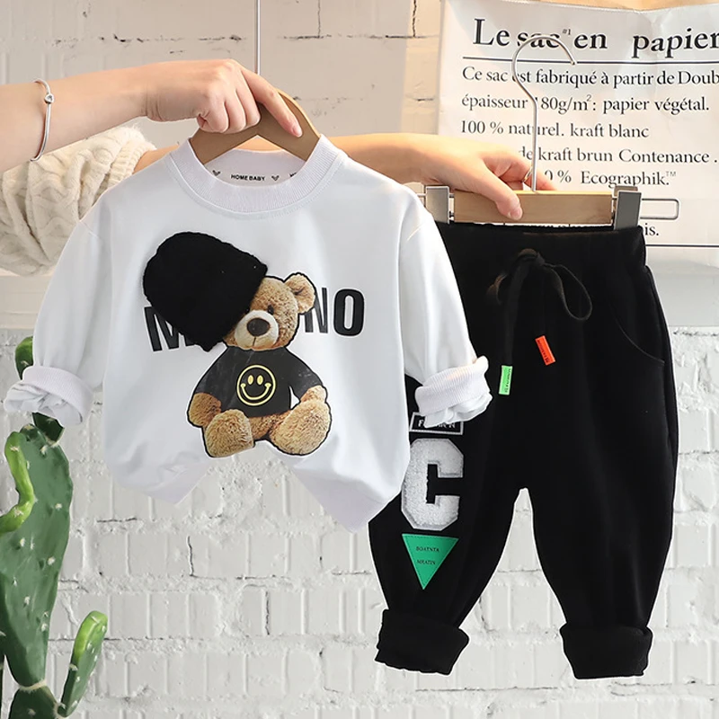 Spring Children's suit new children's sports leisure hooded set boy and girl baby black cartoon pocket bear sweater splicing set kids clothing set,girls clothing set,kids sports suit,boys clothing set,children sports suit,kids sweatshirt set