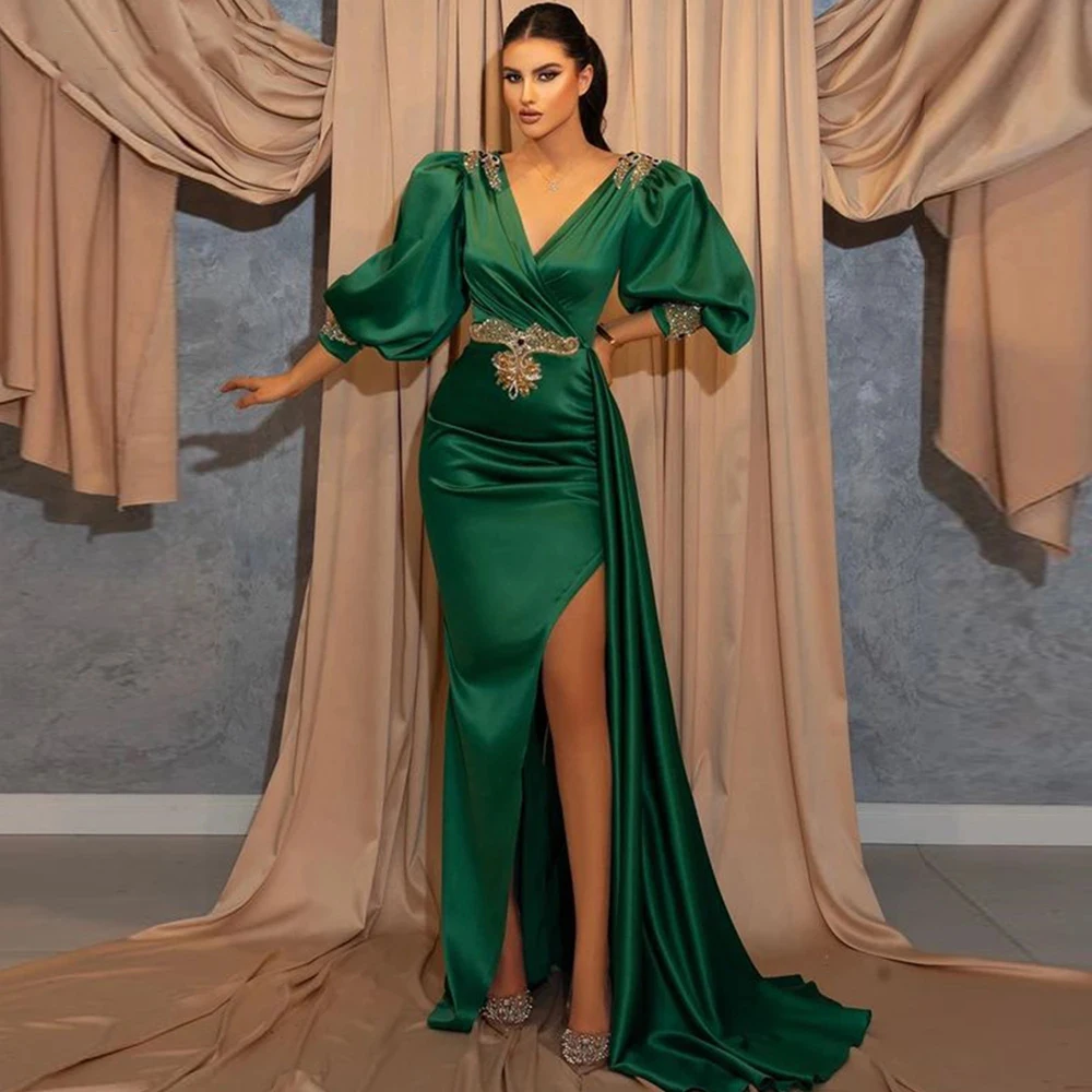 plus size prom dresses High Quality Green Prom Dresses Puff Long Sleeves V-neck High Side Slit Formal Evening Gowns Long Wedding Party Dress Vestidos sage green prom dress