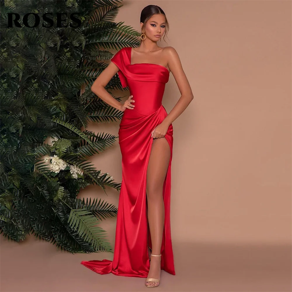 

ROSES Red Stain Evening Dresses One Shoulder Mermaid Charming Prom Dress Strapless Side Split Party Dresses vestidos de noche