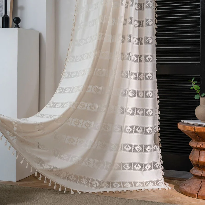 

Boho Chic Crochet Geometry Knitted Window Curtain Farmhouse Elegent Grid Drape Simi Sheer Curtain for Bedroom Living Room TJ9182