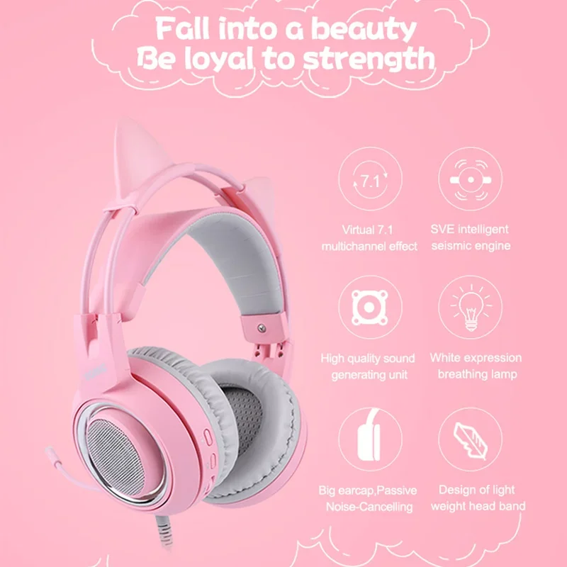 Cute Cat Ear Pink Gaming Wired USB Earphone With Mic Gamer Headphones