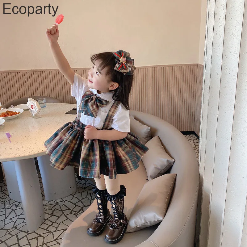 New Girls Jk Uniform Skirt Set Children's Summer College Style Plaid Strap Skirt Shirt Bow Sui Baby Girl Birthday Party Dress Up