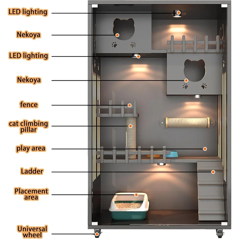 Large Indoor Cat Enclosure, Wooden Large Cat Villa, Indoor/Outdoor Enclosure with Wheels, Multi-Feature Enclosed Cats Houses
