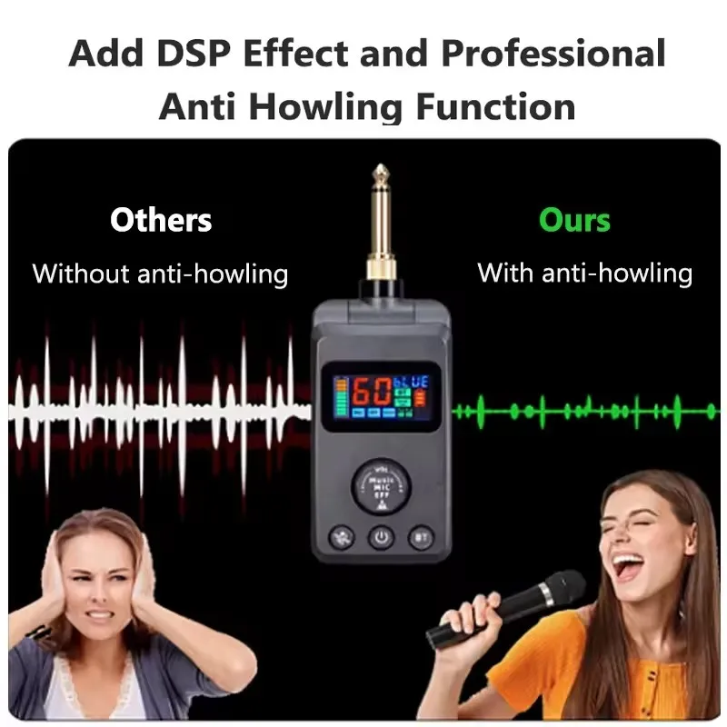 UHF Wireless Microphone AUX Use Microphone BT Recharging Anti Howling Effect Adjusted Echo Cancellation DSP Microphone