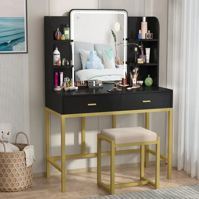 

Vanity Set with Lighted Mirror, Makeup Vanity Dressing Table with LED Lights, Storage Shelves, Cushioned Stool & 2 Drawers