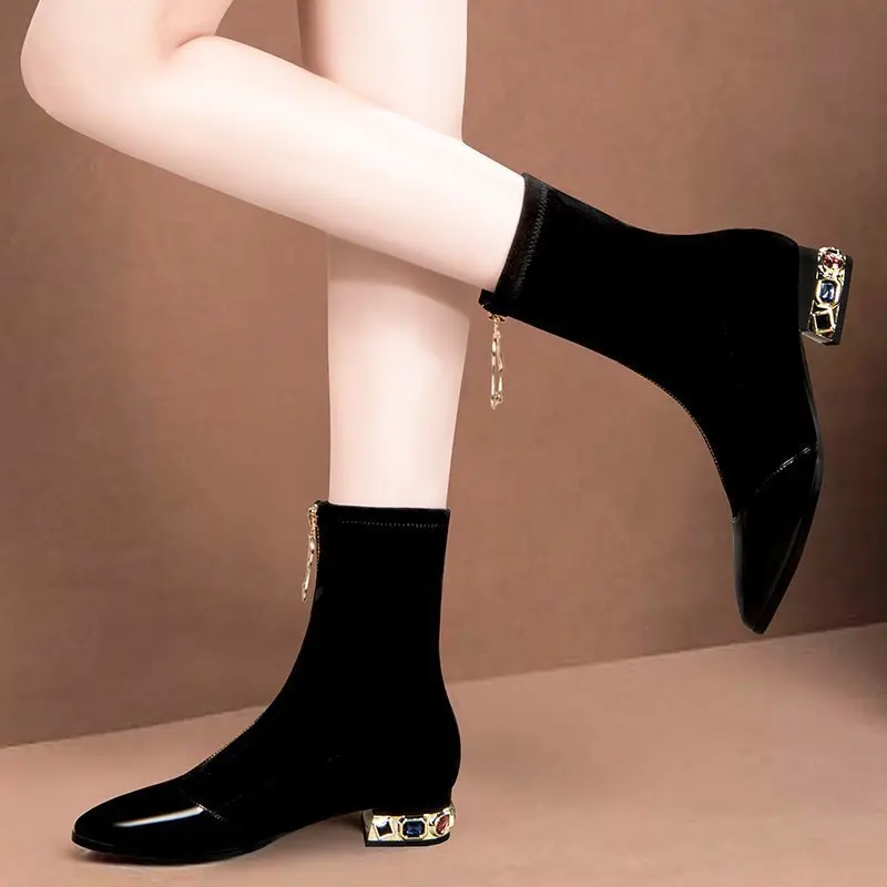 Shiny Sequin Ankle Boots For Women Pointed Square Heel Winter Shoes_voghion.com