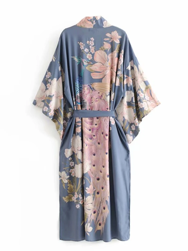 Vintage Peacock Floral Print Sashes Women Bohemian V Neck Batwing Sleeves Lady Happie Beach Boho Robe Bikini Cover-ups