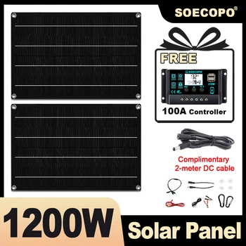 ชุดแผงโซลาร์เซลล์ SOECOPO 1200W แบบพกพา 2 แผง 12V - 18V แผงเซลล์แสงอาทิตย์ แถมฟรีคอนโทรลเลอร์ 100A ช่อง USB 5V สำหรับชาร์จอุปกรณ์ตั้งแคมป์ 1
