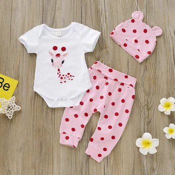3 pezzi set di abbigliamento carino neonato bambina stampa cervo maniche corte body + pantaloni rosa + cappello abiti casual estivi per 0-18 mesi 1