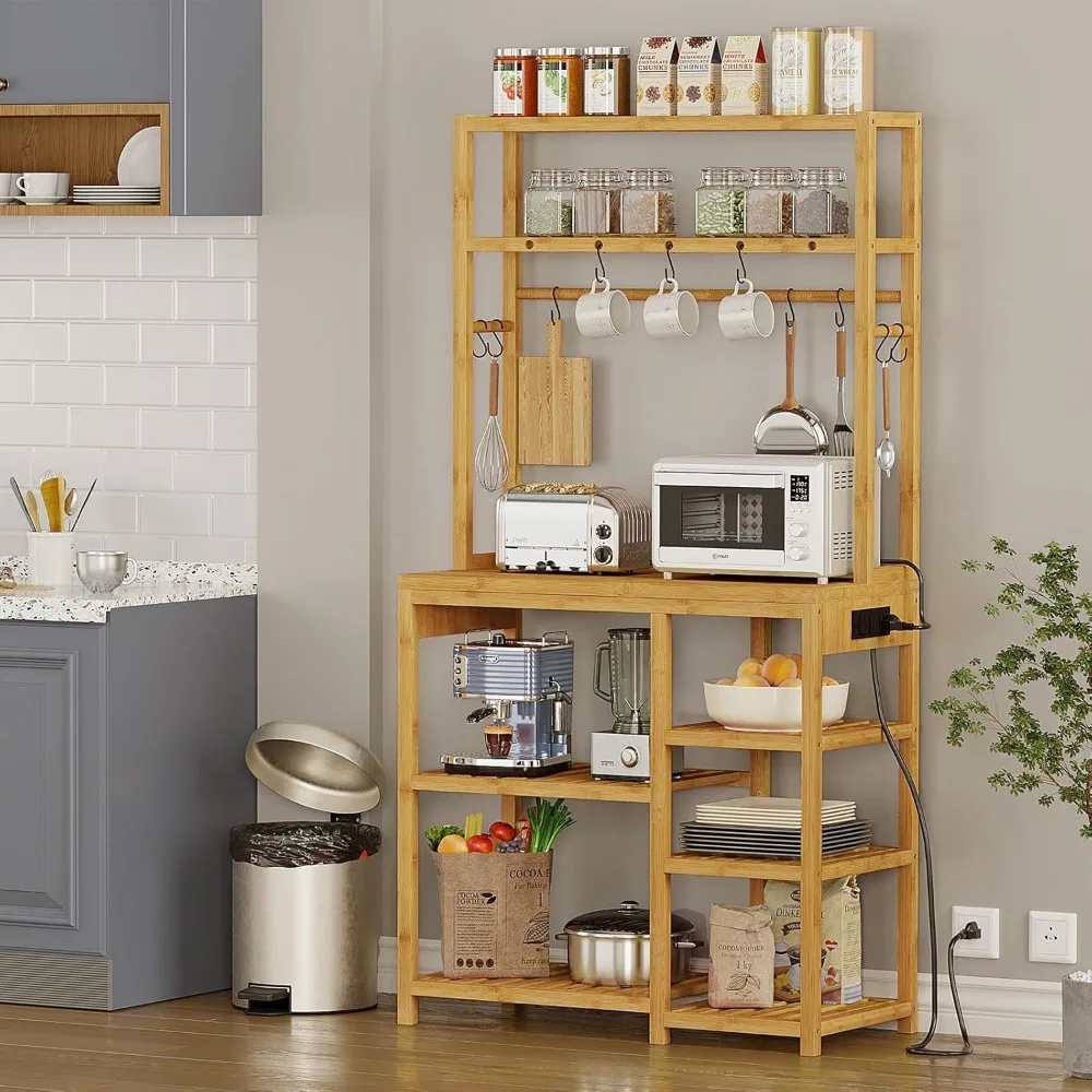 Bakers Rack with Power Outlets, 8-Tier Microwave Stand, Kitchen Utility Storage Shelf 10 S-Shaped Hooks, Coffee Bar Table