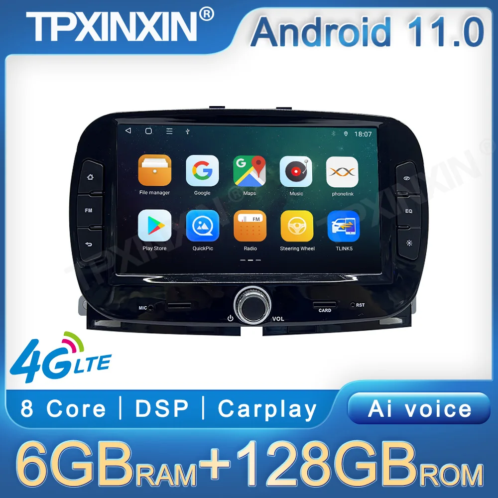 Autoradio Android 11 128Gb Per Lettore Multimediale Fiat 500 Auto Stereo Touch Screen Gps