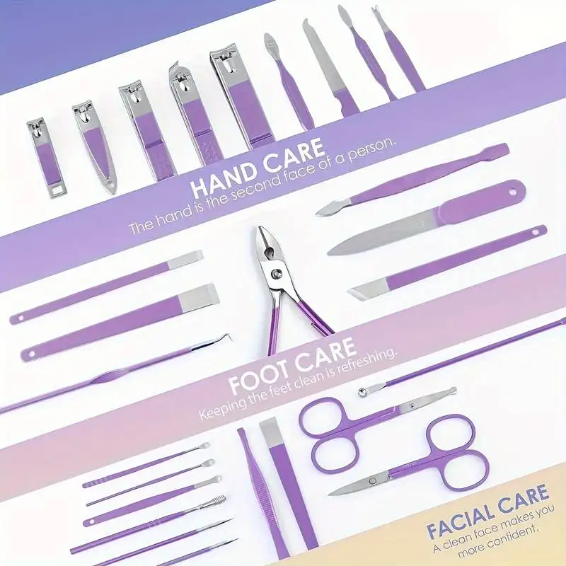 30 Pcs Purple Manicure Set Professional travel kit Stainless Steel Solid Manicure Kit Nail Care Kit With Pink Case Valentine 5