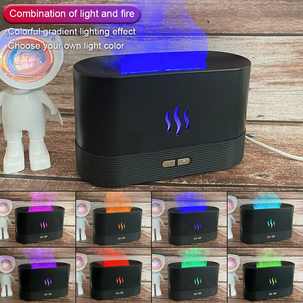 USB Simulation Flame Night Light with 250ML Water Tank Humidifier Aroma Diffuser for Home Office Bedroom Atmosphere Desk Lamp