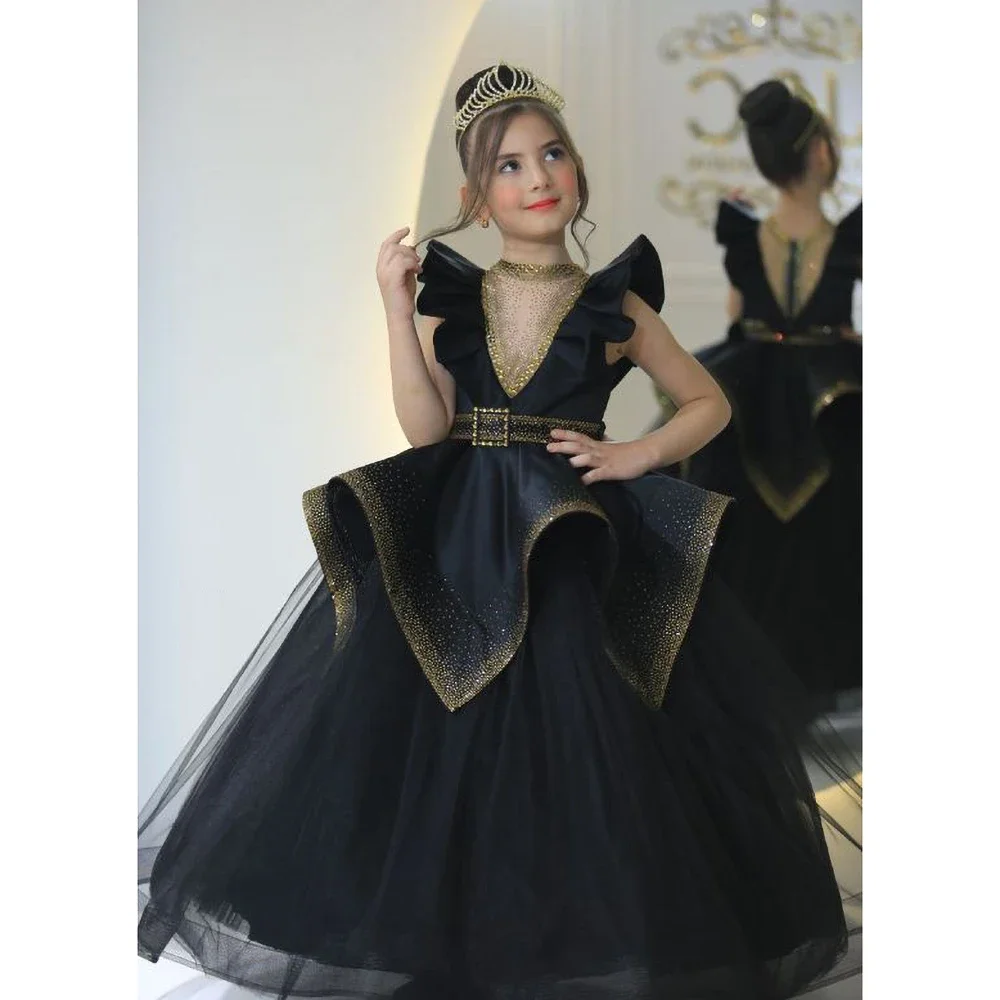 Classic Crew Neck Girl Dresses Sequined Fashion Ruched Floor Length A-Line Birthday Party Gowns Pageant Wedding Dresses
