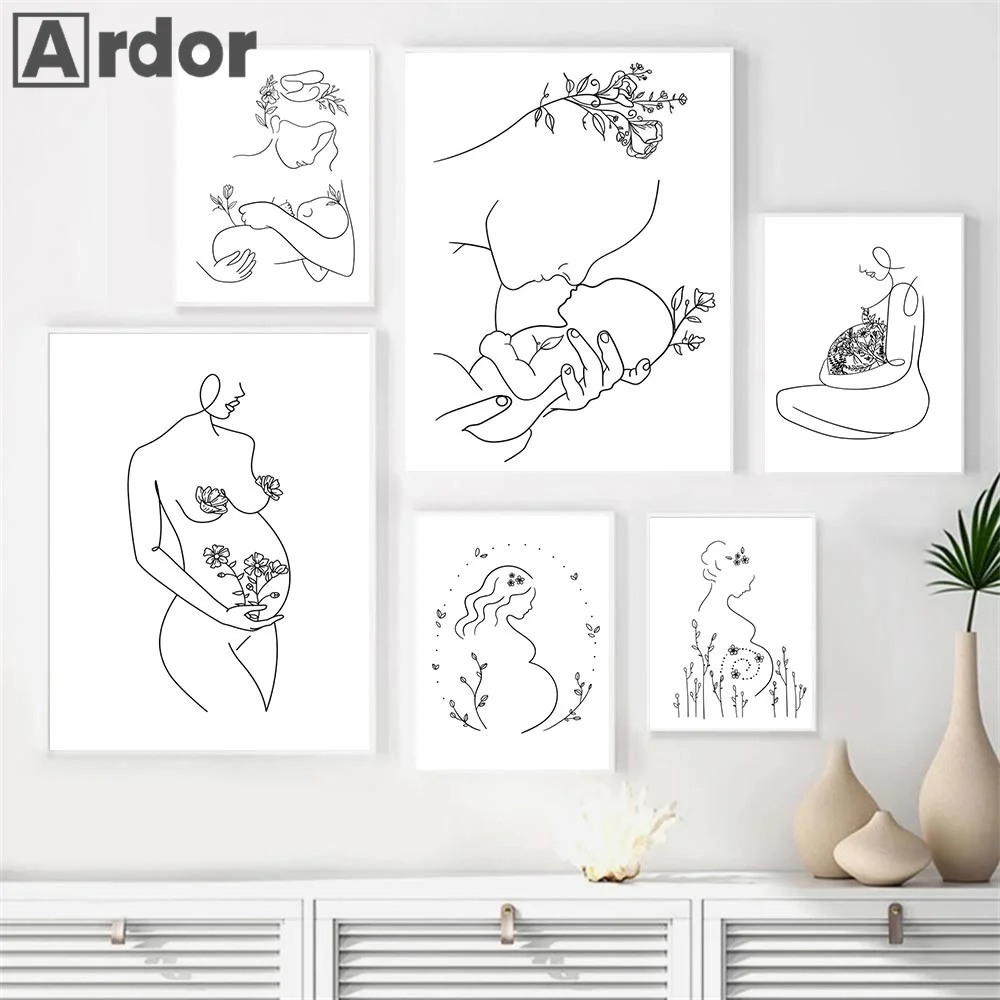 Abstract Drawn Lines Family Mom Baby Wall Art Canvas Painting Nordic Posters And Prints Pictures Baby Kids Room Nursery Decor flowers architecture characters lines butterflies abstract canvas art wall painting posters and prints wall pictures home decor