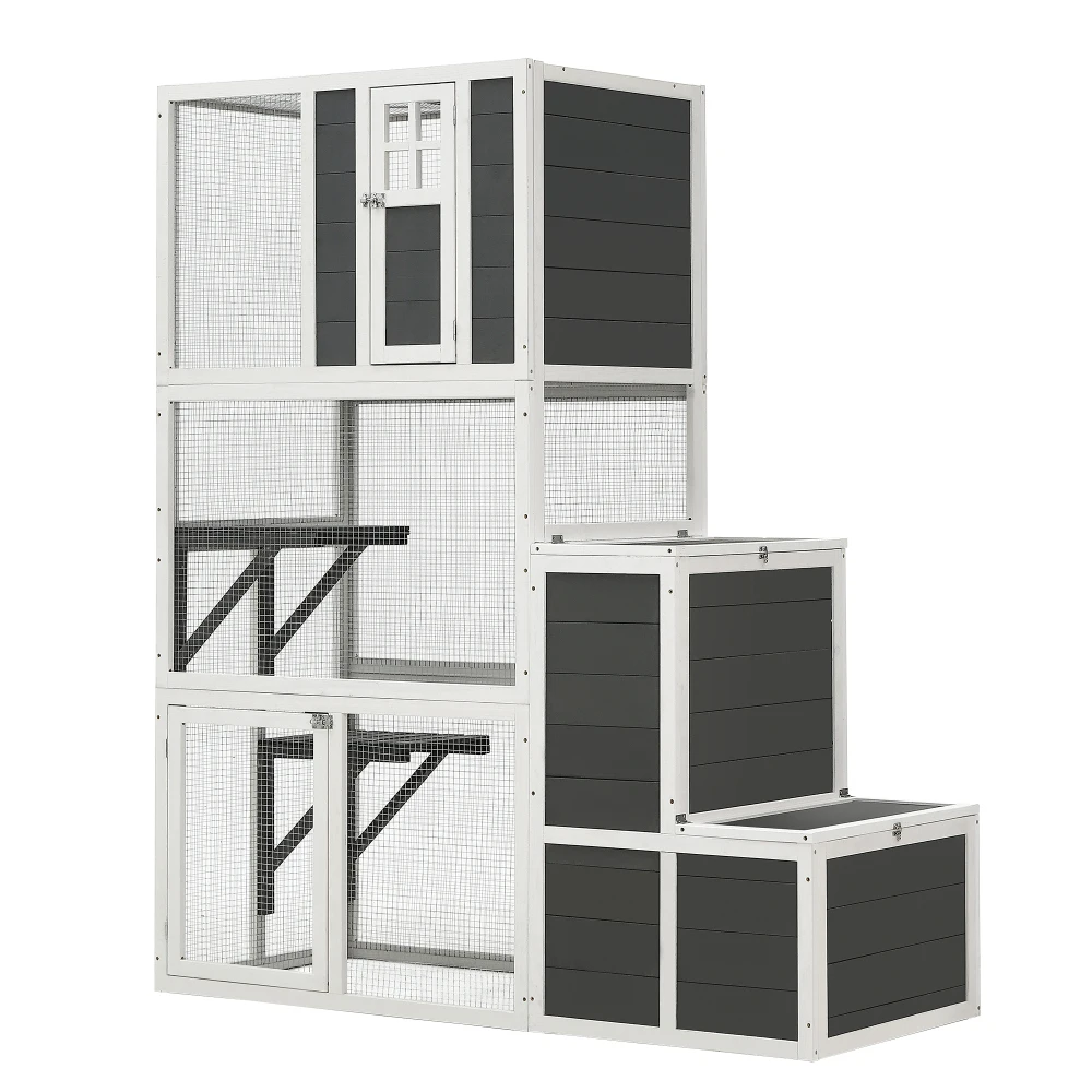 3-Tier Wooden Outdoor & Indoor Cat House Suitable for 1-3 Cats Cat Enclosure Resting Box with 4 Platforms and 2 doors