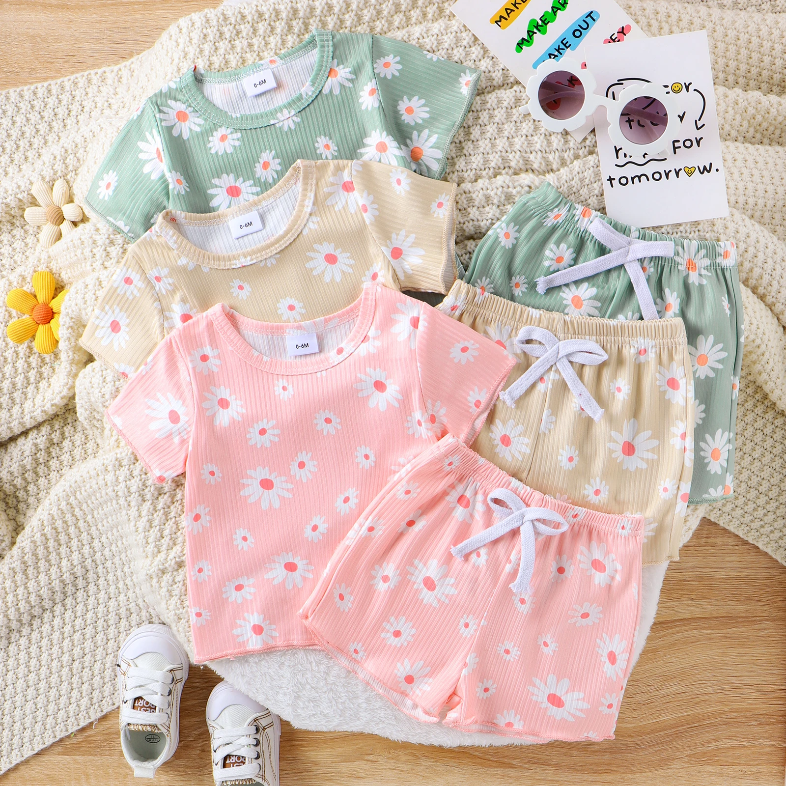 

0-3Y Toddler Kids Girl 2 Piece Set Short Sleeve Daisy Print T shirt Tops Elastic Waist Shorts Baby Summer Floral Clothes Outfits