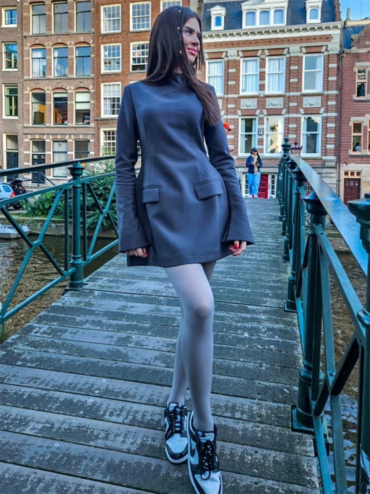 Female Autumn Elegant Mini Dress Women's Pocket Patchwork Slim Long Sleeve Commute Clothes Female Solid Casual Mini Dress