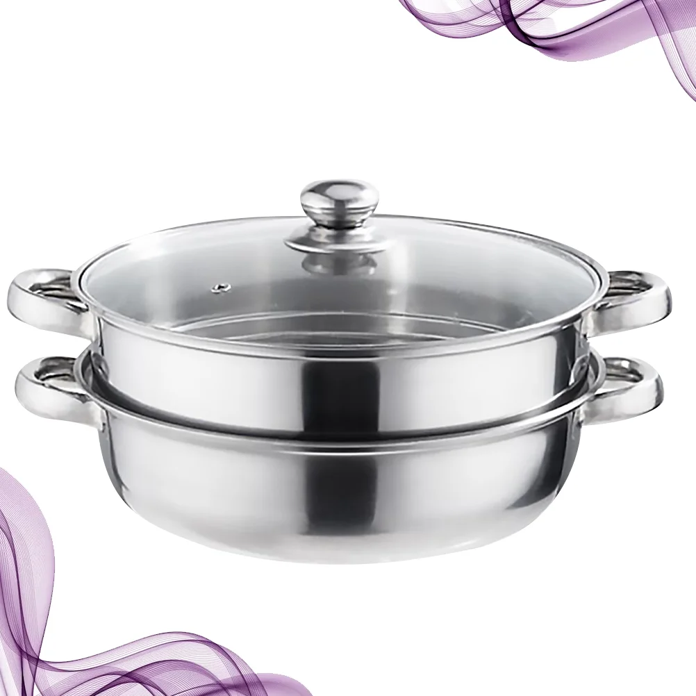 

Multifunctional Steam Pot Double Layers Stockpot Stainless Steel Steamer Cooking Boiler Silver (28cm)