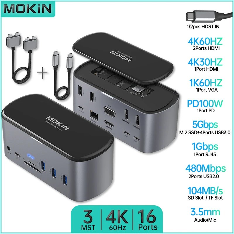 

Док-станция MOKiN 16 дюймов 1/2 для MacBook Air/Pro, iPad, ноутбука Thunderbolt — Type-C 3.0, HDMI 4K60 Гц, PD 100 Вт, аудио, SSD M.2