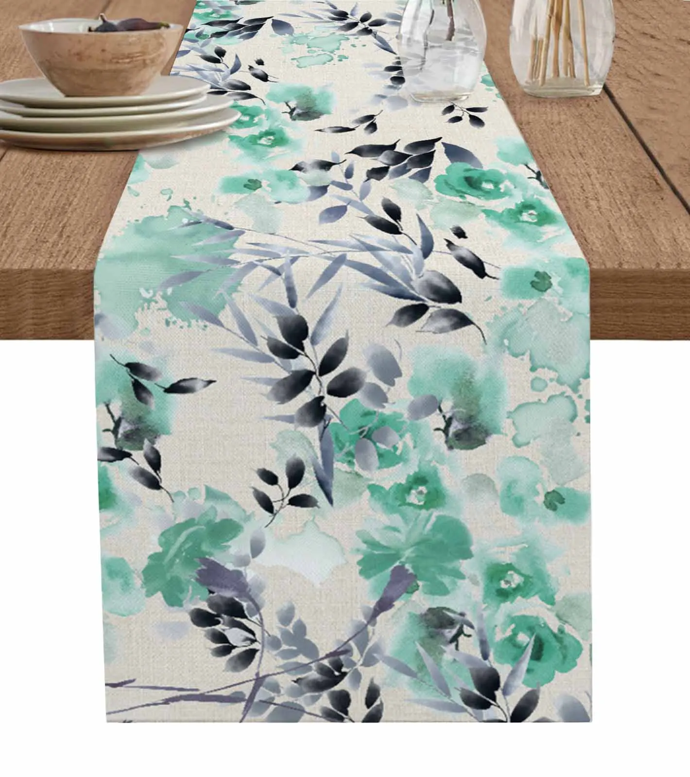 

Watercolor Hand-Painted Rose Green Decorations Coffee Table Decor Tablecloth Table Kitchen Decorative Table Runner