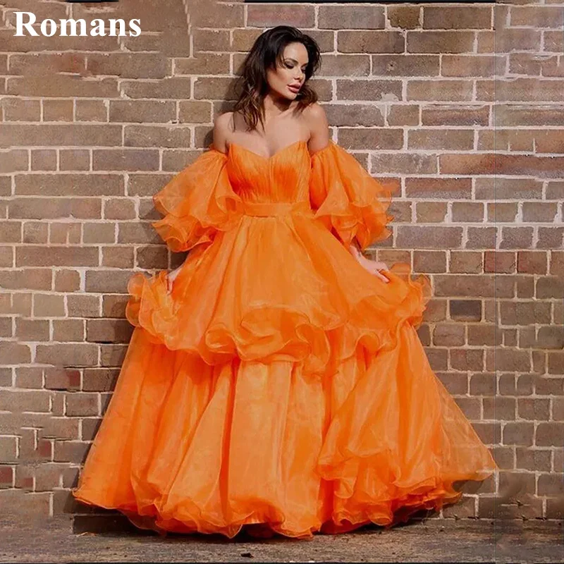 

Romans Orange Off the Shoulder Evening Dress for Women ALine Tiered Long Gown Full Puff Sleeve vestidos de noche Special Events