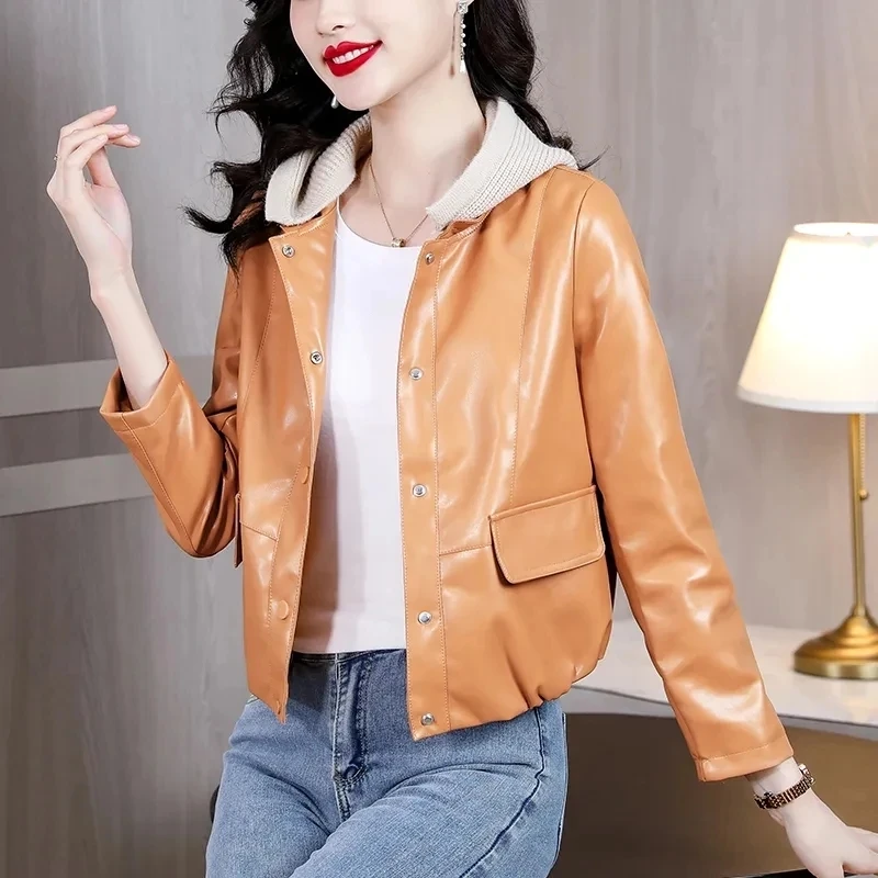 2023 Autumn New Fashionable Hooded PU Leather Jacket Women\'s Short Leather Coat Korean Trend Motorcycle Wear Leather Overcoat