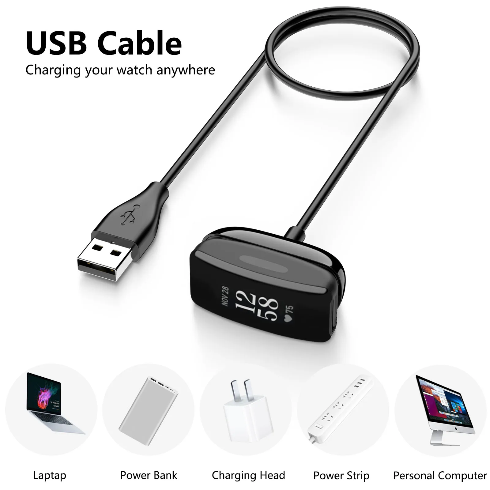 Cavo Di Ricarica USB Per Fitbit Ace 3 / Inspire 2 - Sostituzione 100 Cm, Materiale ABS, Protezione Da Sovratensioni, Nero
