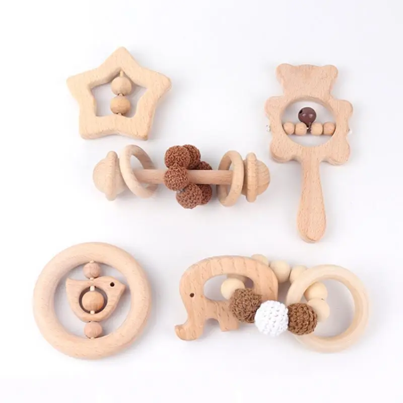 

5Pcs/Set Baby Teether Toys Beech Wooden Animals Five-pointed Star Teether Bracelet for Baby Chew Accessories BPA Free