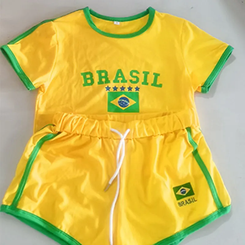 

Summer Women Yellow Print Casual Crop Top T-shirt Y2k Graphics Drawstring Elastic Sports Shorts 2 Pieces Set Streetwear Outfits