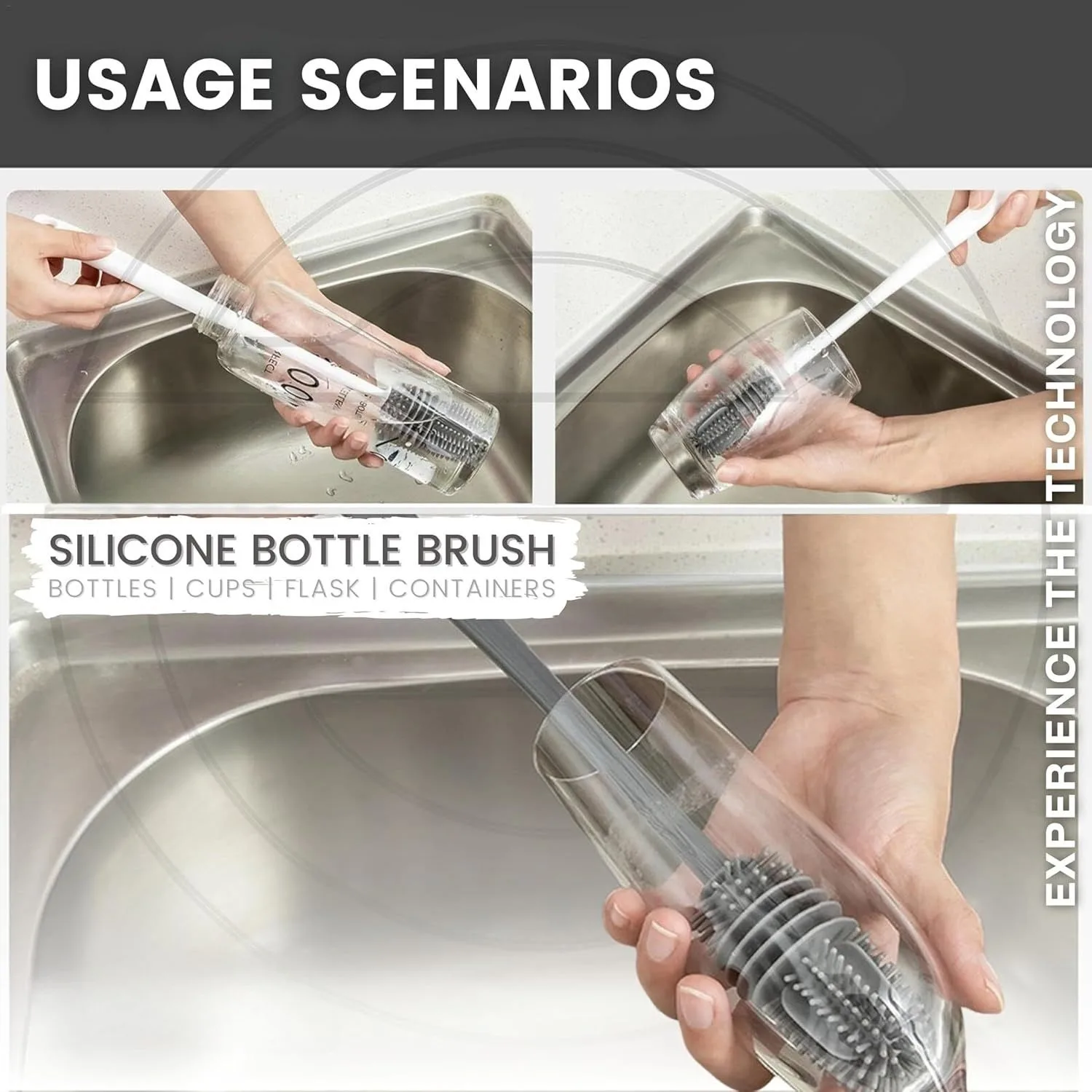 Silicone Bottle Brush , Long Handle Bottle Cleaner, 13" Bottle Cleaning Brush for Flasks, Vacuum Sports Bottles, Vases and Glassware (Grey) 8