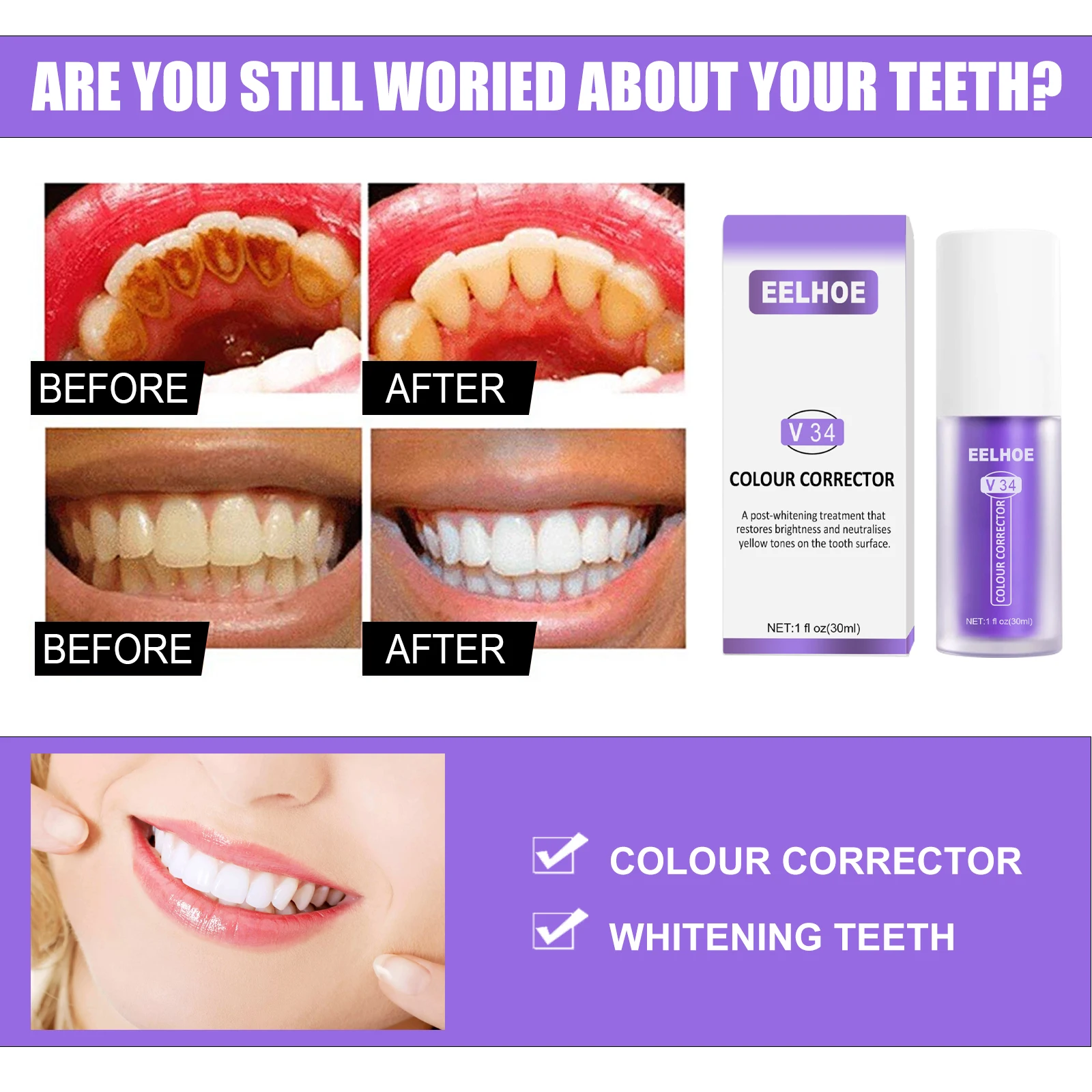 Teeth Whitening Product 30ml V34 Purple Toothpaste Removes Tartar Clean Oral Hygiene Fresh Breath