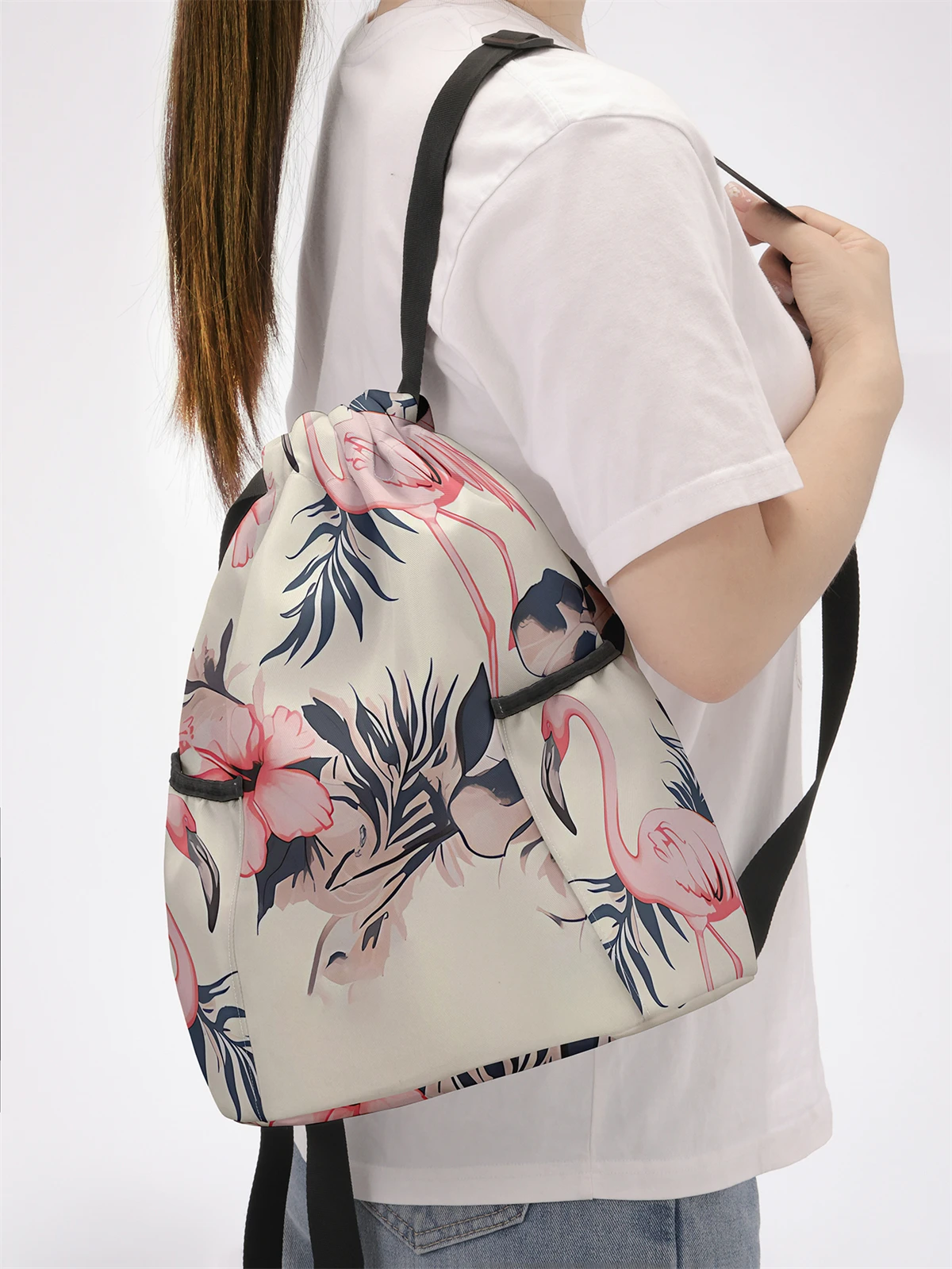 Flamingo Pattern Drawstring Backpack - Large Capacity Durable Fitness Bag, Adjustable Shoulder Straps, Sports Beach Backpack