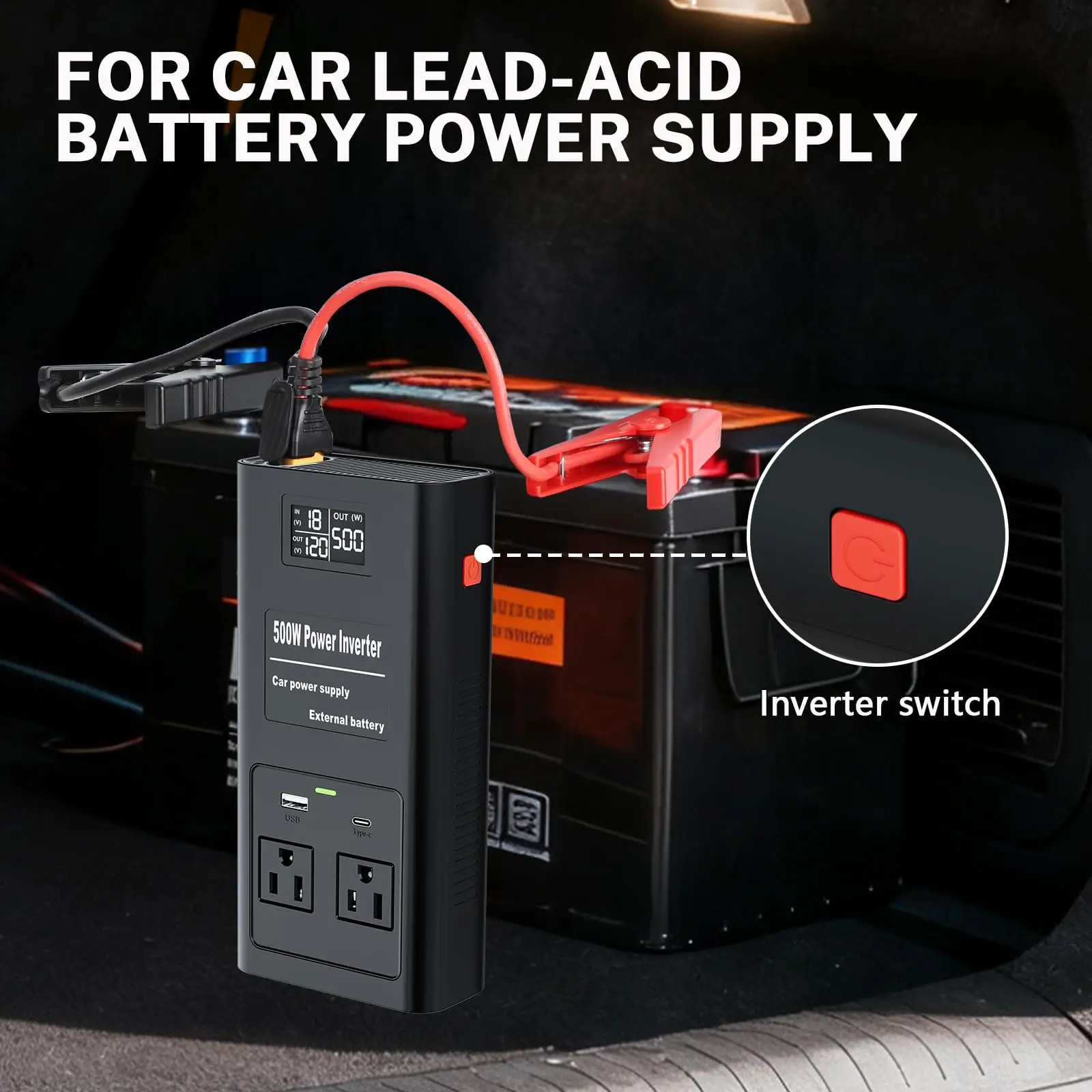 2 in 1 500W Power Inverter Battery Charger Compatible with Dewalt 20V Battery Ge