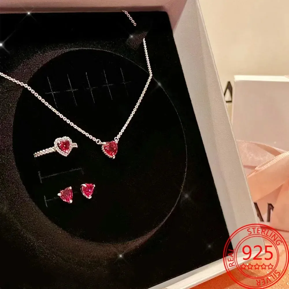 Conjunto de pendientes y collar de anillo de amor de rubí de Plata de Ley 925 romántica, regalos de joyería de Boutique para niñas