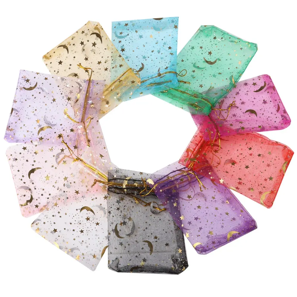 25/50pcs 7x9/9x12/10x15/13x18cm Star Moon Organza Gift Bags Mini Sachet Gold Color Drawstring Bag Jewelry Packaging Pouches 2
