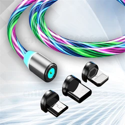 Magnetic Flow Luminous Lighting Charging Mobile Phone Cable Cord Charger Wire For Samsung Xiaomi LED Micro USB Type C Cable
