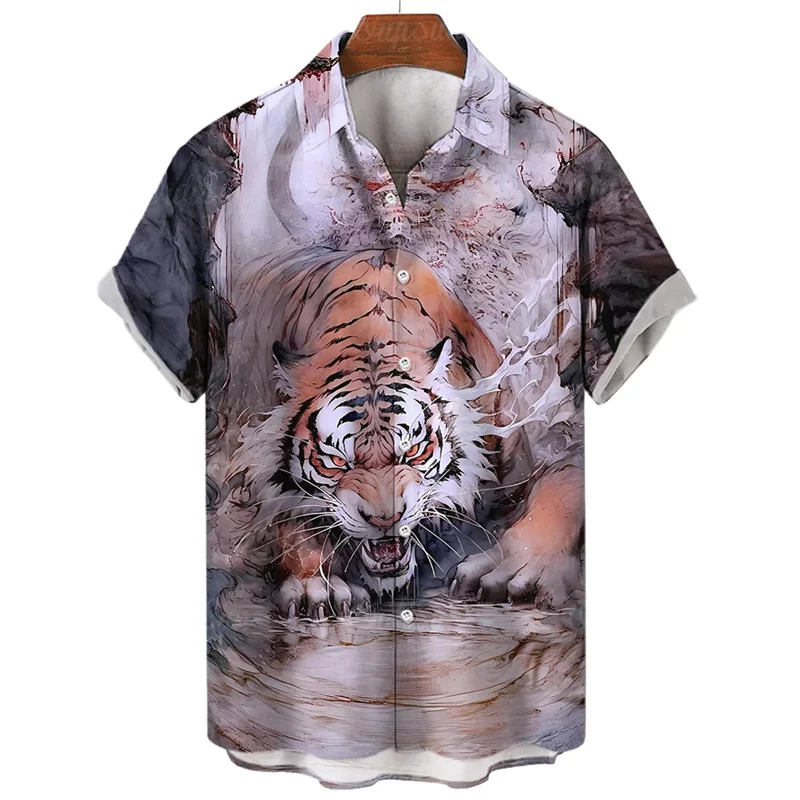 thumbnail image 1 of Camisa hawaiana con estampado de tigre en 3D para hombre, camisa informal de manga corta con estampado de bestia feroz, blusa holgada de calle, 1 of 5